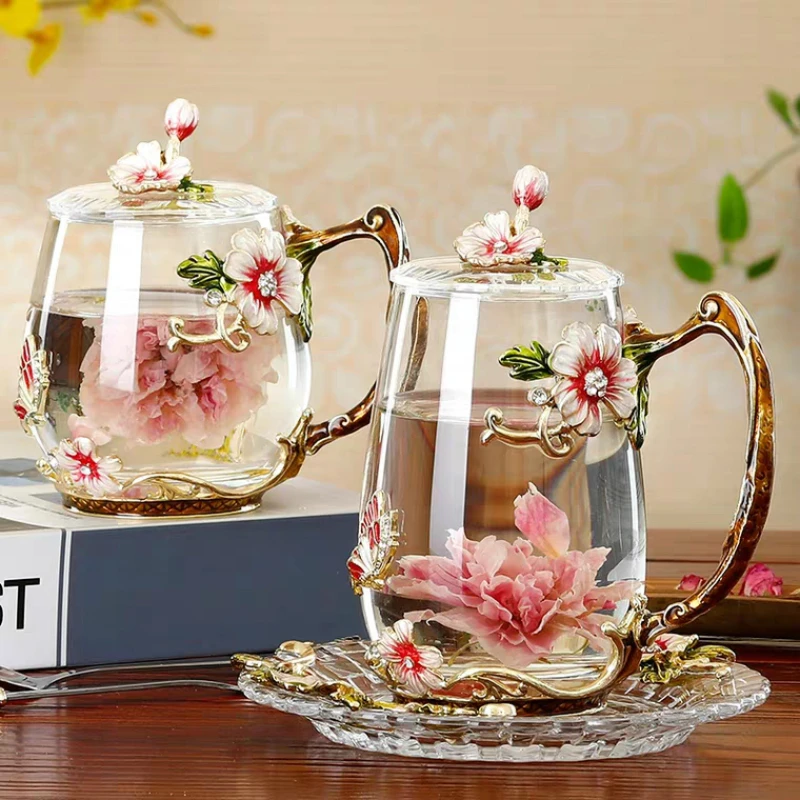 Красота и Новинка эмалированная кофейная чашка кружка цветочный чай стеклянные чашки для горячих и холодных напитков чайная чашка ложка Набор идеальный свадебный подарок