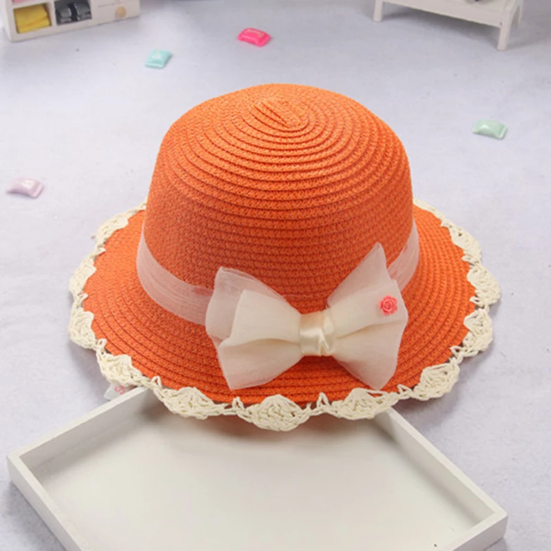 Orange White Детская летняя соломенная шляпа с бантом, Пляжная Солнцезащитная шляпа от солнца для девочек TY66 - Цвет: Orange White