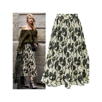 

Women's Ladies Female Sweet Elegant Casual Chiffon Floral Printing A-Line Pleated Swing Midi Skirts
