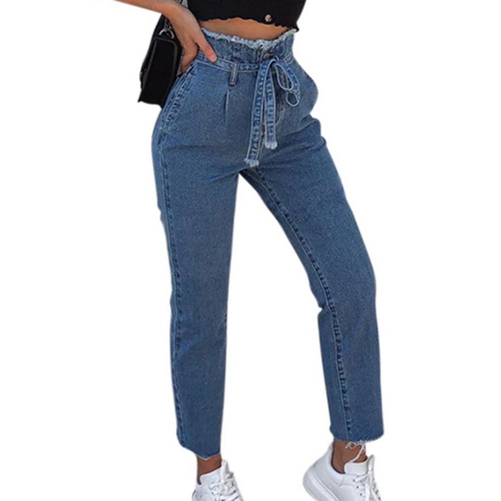 Женские джинсы больших размеров с высокой талией, облегающие джинсовые брюки, брюки с поясом, женские брюки с ремень с бантом, джинсы с высокой талией - Цвет: blue
