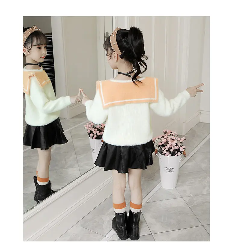 Autumn Winter Girls Cashmere Wool Sweater Female Children's Worsted Wool Sweater Kids Crew Neck Knit Top Orange Green Beige