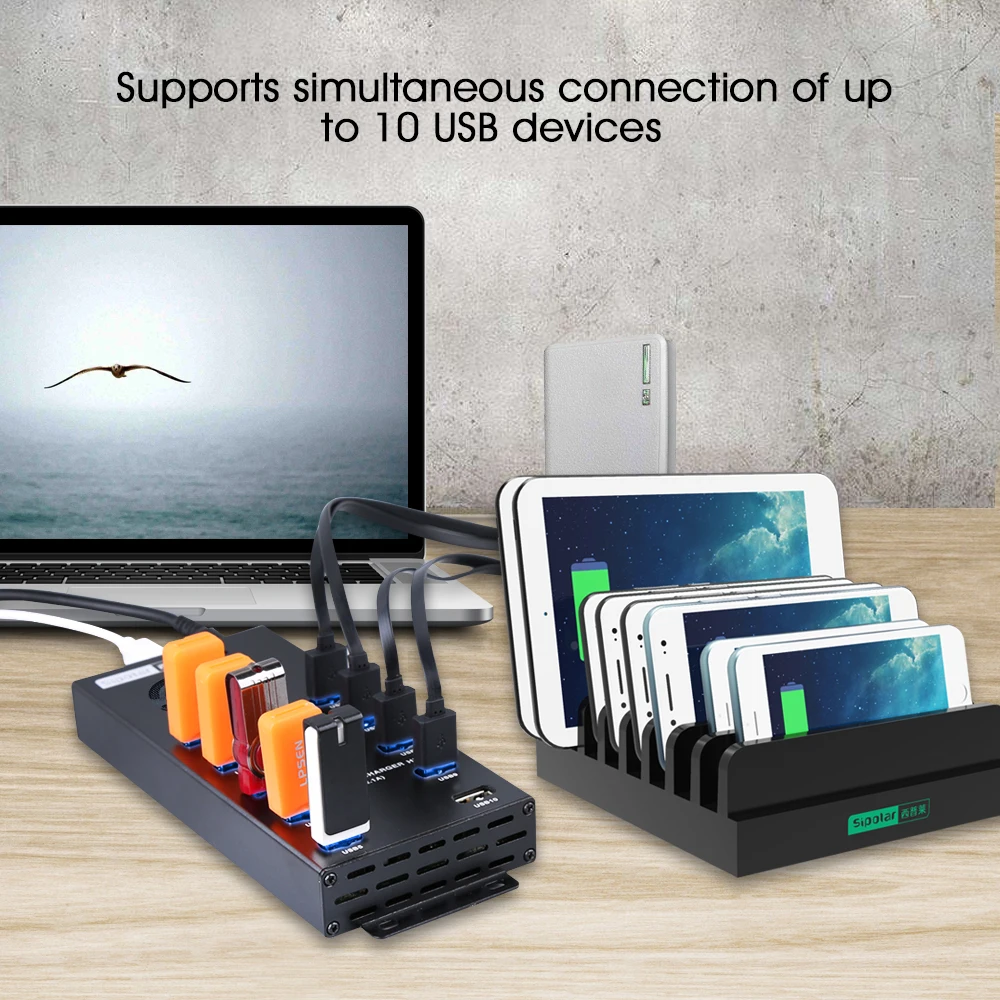 Sipolar USB 10 порт концентратор 2,0 зарядное устройство с 12 В 10 А адаптер питания передача данных Синхронизация и зарядка для майнеров криптовалют A-400