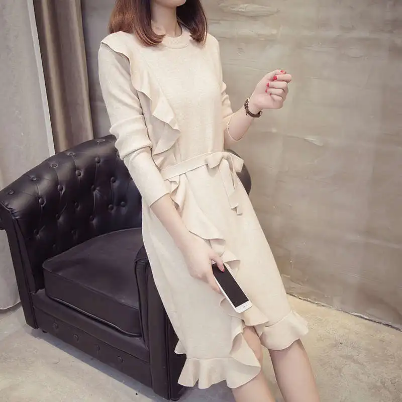 

Autumn Winter Elegant Long Sweater Dress Women Ruffles Knitted Pullover Dresses Pull Femme Women Pullover Sweater Knitwear C5750
