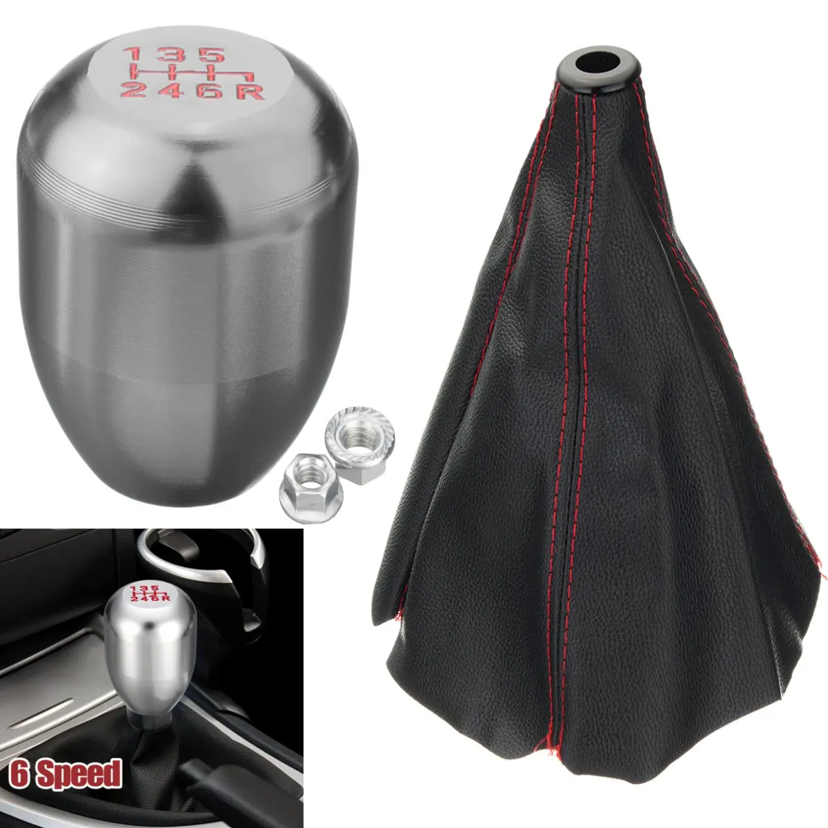Universal Aluminium 6 Speed Car Gear Shift Knob Leather Manual Shift Boot Kit Manual Replacement Gear Shift Lever Knob - Название цвета: Titanium