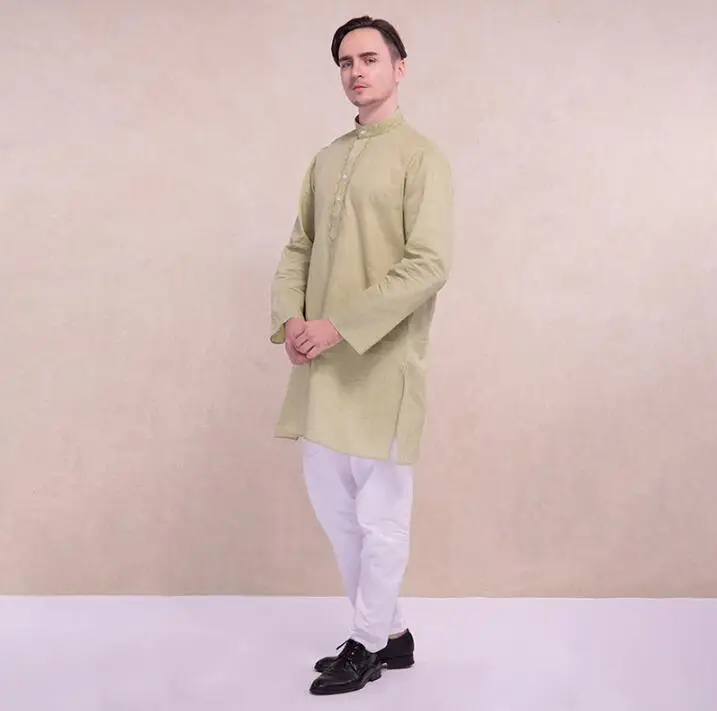 Индийские мужские костюмы Модные Этнические наборы с вышивкой удобные хлопковые индийские свободные длинные рукава тонкий топ и брюки