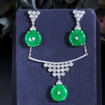 

LUALA Green Cubic Zirconia Stone Round Dangle Drop Earring and Necklace Jewelry Set for Women Engagement Party Jewelry T441