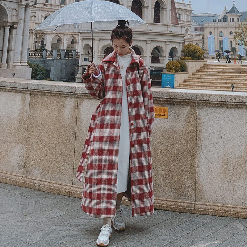 2020 Winter Long Women's Woolen Coat Loose Fashion Casual Plaid High Quality Thick Warm Wool Blend Women Coats | Женская одежда