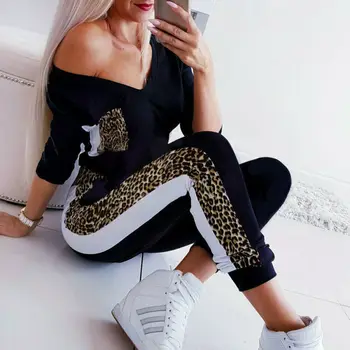 

Ladies Women Romper V-neck Leopard Printed Long Sleeve Black Pocket Stretch Bodysuit Playsuit Clothing