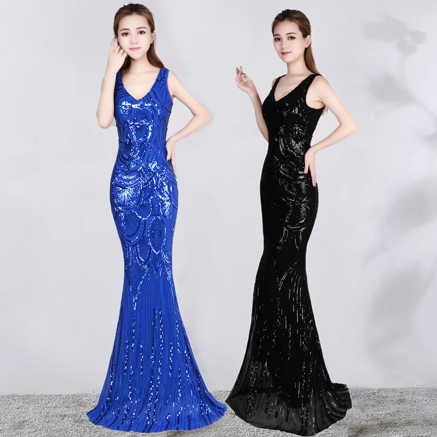 Evening Dressses Sexy V-neck Sleeveless Women Party Dress Backless Sequins Robe De Soiree Floor Length Evening Gown C163