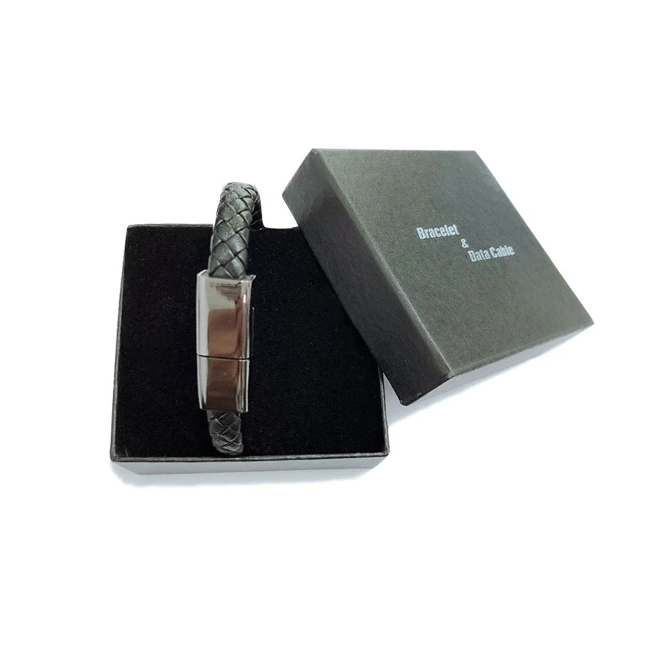Плетеный браслет на запястье кабель для передачи данных Браслет зарядный Шнур для iPhone 7 XS телефон из натуральной кожи браслет зарядное устройство манжета usb type C - Тип штекера: Black