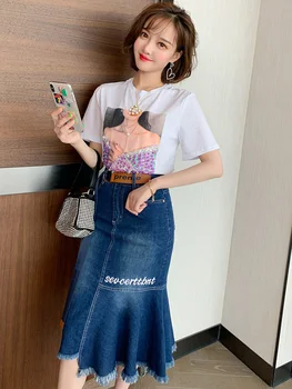 

Trendy Irregular Ruffle Hem Mid-Length Bag Hip Washed Denim Skirt Women's Fashion Summer New