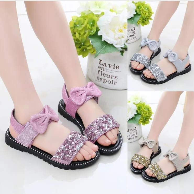 New 2021 Summer Sandals Girls Sandals Glitter Rhinestone Princess Girls Shoes Kids Bow Party Dance Sandals