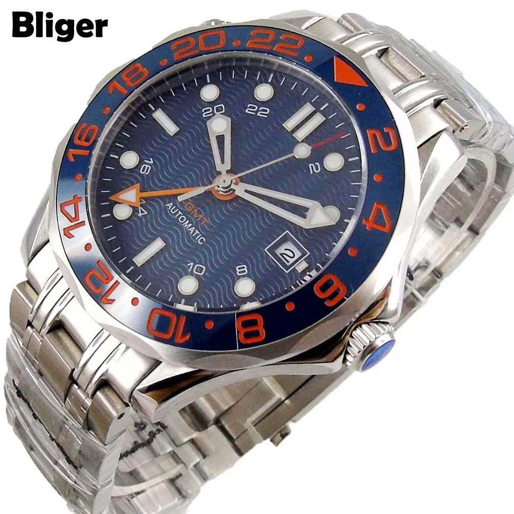 Мужские водонепроницаемые часы BLiger 41 мм GMT 3804 автоматические из сапфирового
