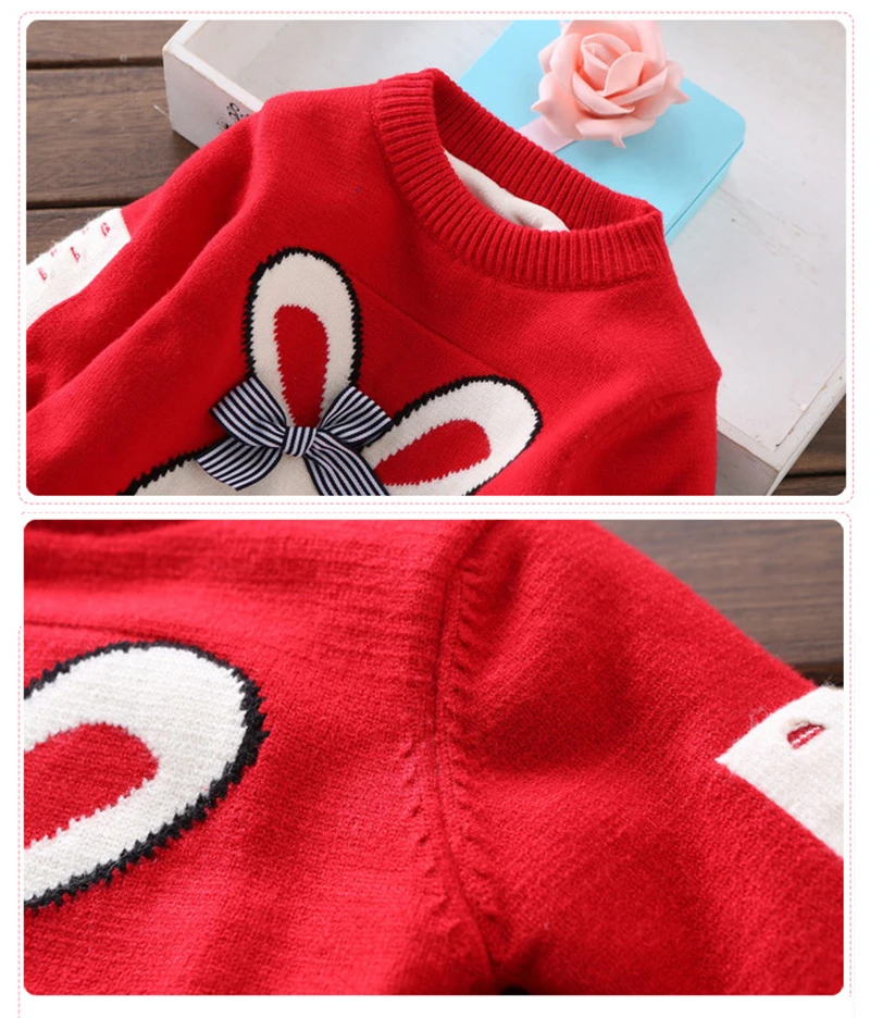 Детские свитера; сезон осень-зима; утепленный бархатный свитер с рисунком кролика для девочек; милая детская трикотажная одежда с длинными рукавами
