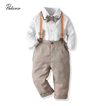 Г., брендовая одежда для маленьких джентльменов из 2 предметов белая рубашка верх на завязках, клетчатый комбинезон, комбинезон в клетку, вечерние школьные костюмы