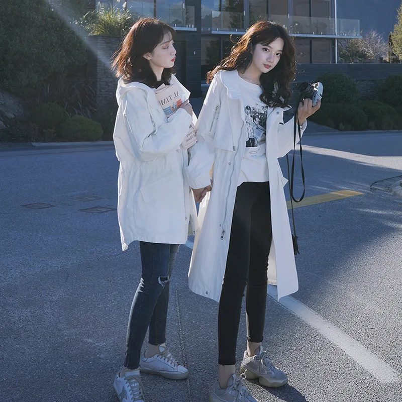 

Photo Shoot 2020 Spring Clothing New Style Korean-style Loose-Fit Hooded Waist Hugging Workwear White Trench Coat Women's Mid-le