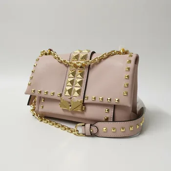 

2019 new leather rivet big women's fashion leather shoulder slung chain bag