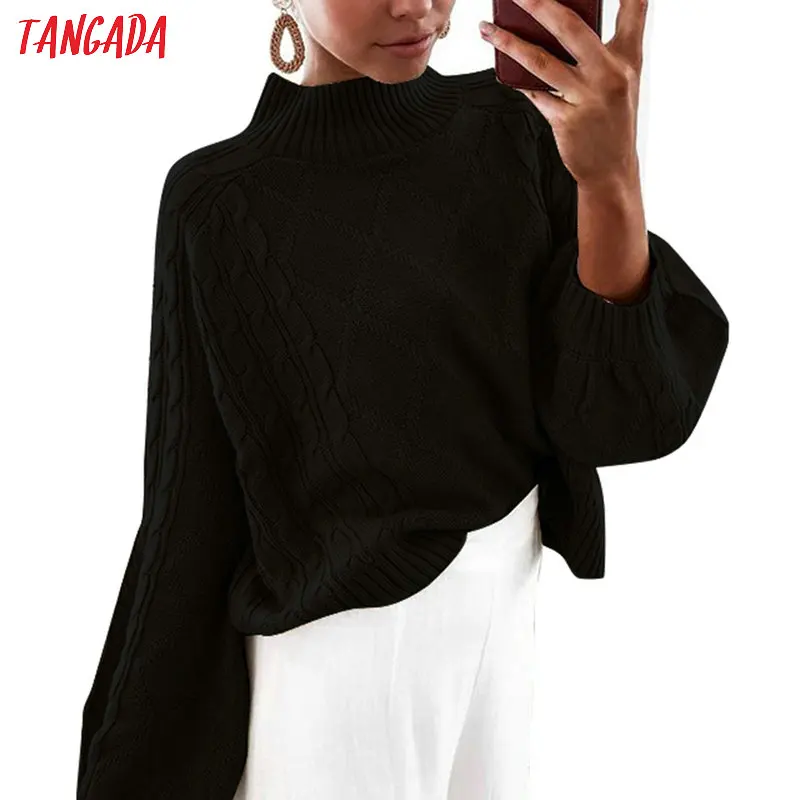 Tangada женские негабаритные твист джемперы с воротником Европейская мода фонарь рукав свитер трикотаж 6C38