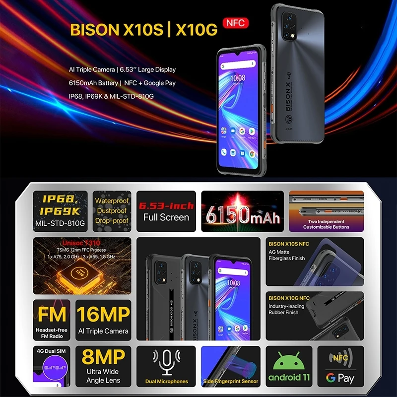 UMIDIGI BISON X10G NFC IP68 Waterproof 4G Mobile Phone 6.53' 4GB 64GB Android 11 Triple Rear Camera 6150mAh Face ID Smartphone poco top phone