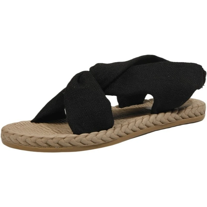 2020 New sandals women summer wear-resistant straw linen Roman comfortable elastic band cross flat bottom women's shoes | Спорт и