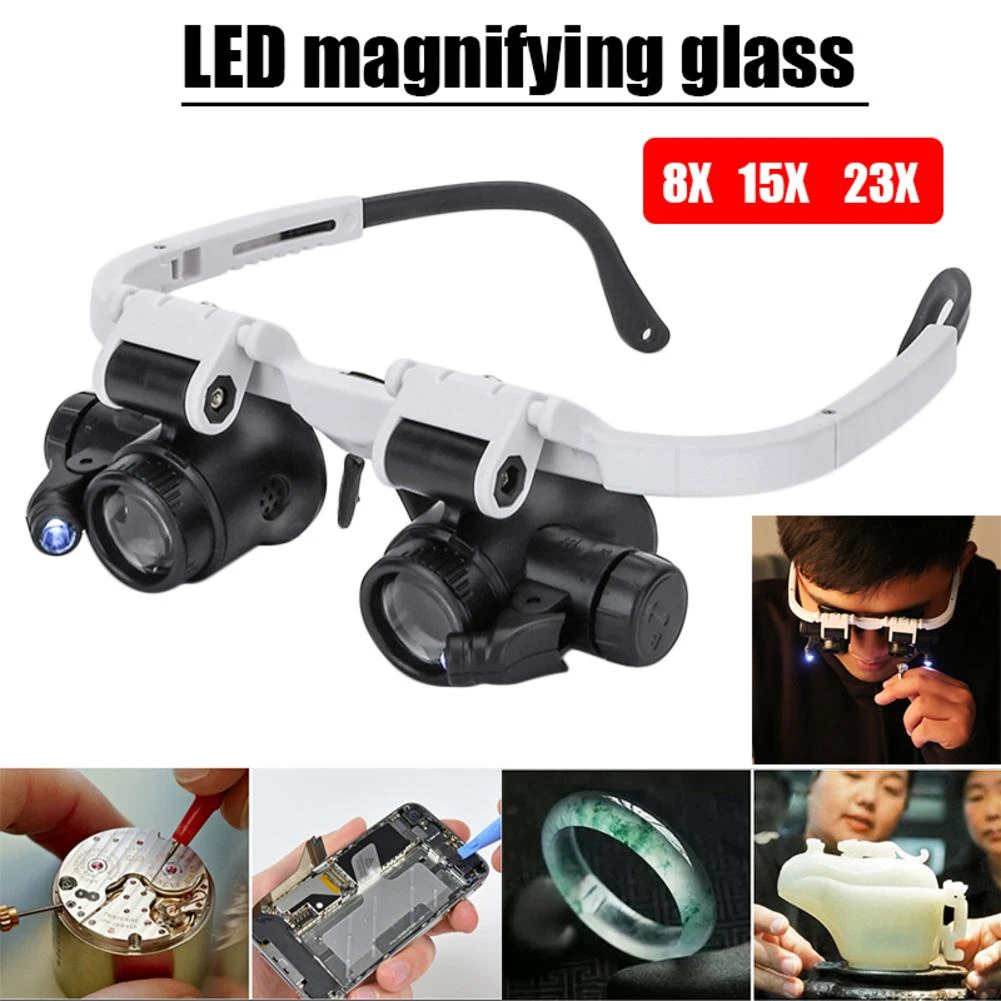 YASE-king Headband Glasses Magnifier with LED Light 8X 15X 23X Magnifying Glass for Watchmaker Jewelry Optical Lens Glass Magnifier Loupe