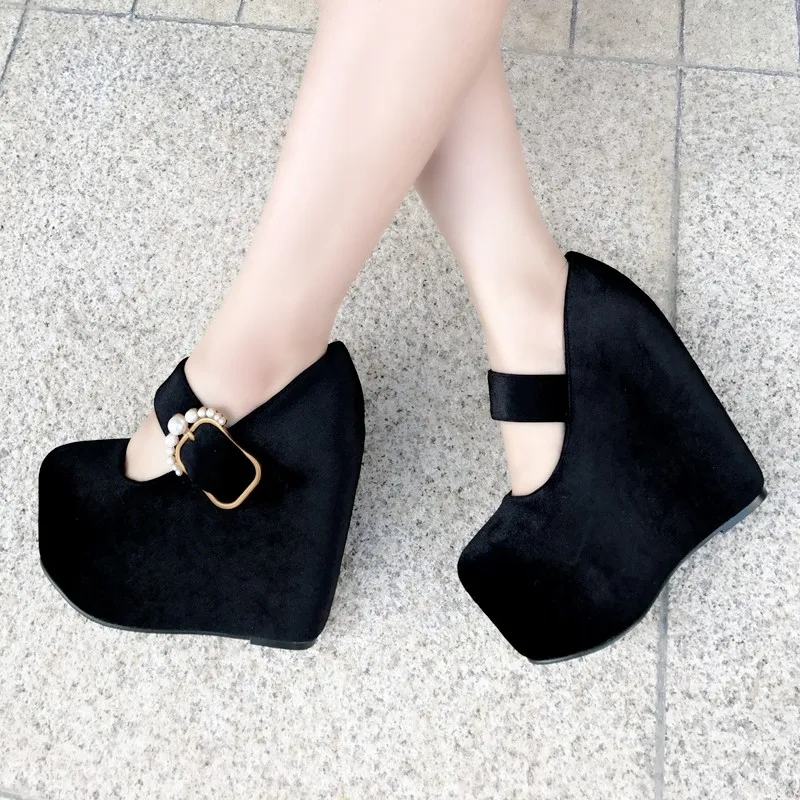 new wedge with thick bottom round single shoes female inside increased 15 cm suede high heels simple elegant women's shoes