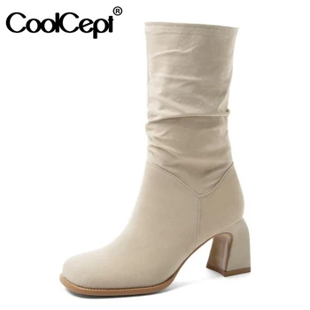 

Coolcept Real Leather Women Mid Calf Boots Flock Stretch Thick Heel Square Toe Shoes Warm Boots Women Party Footwear Size 34-40