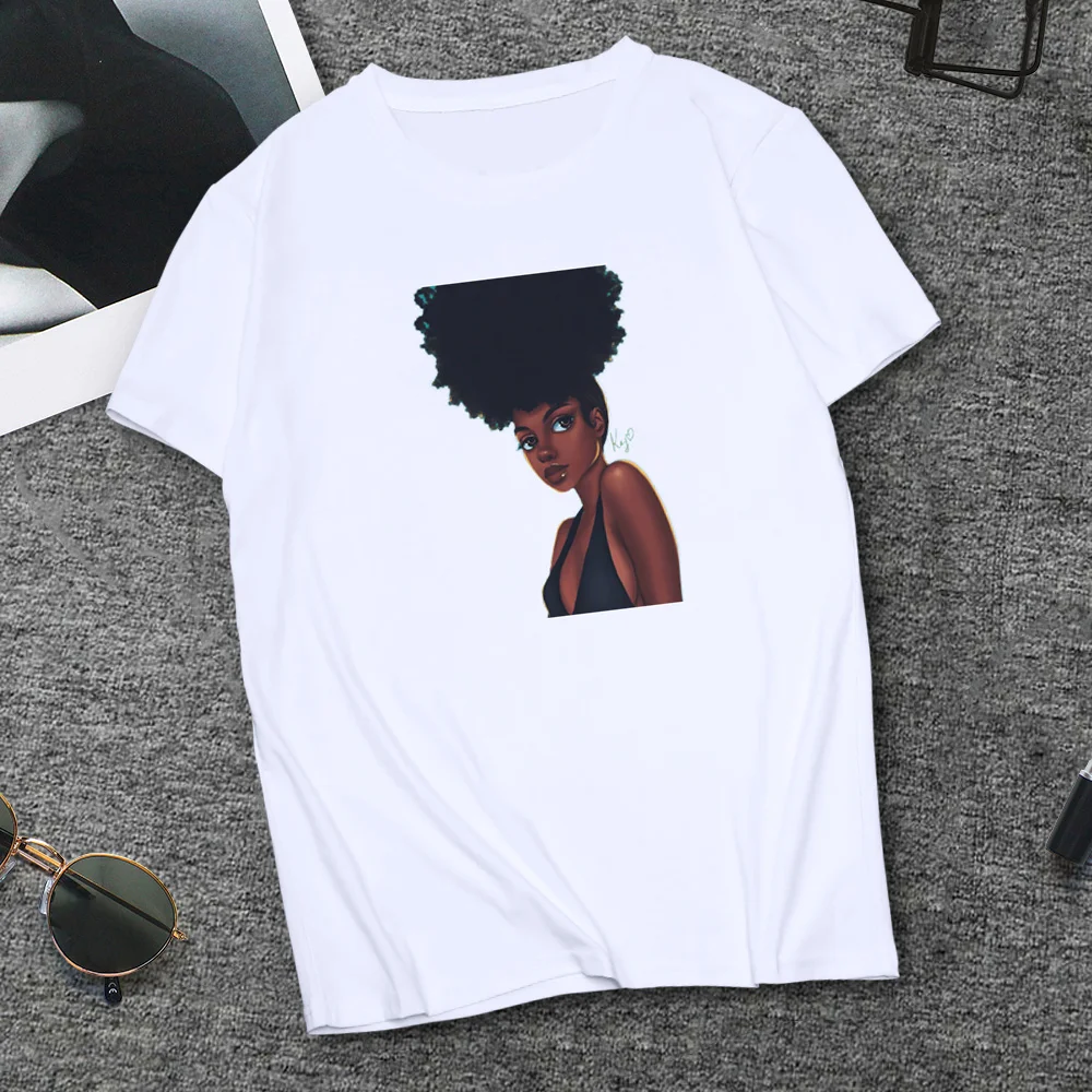 Модная африканская футболка для девочек с вьющимися волосами, Повседневная футболка с круглым вырезом и коротким рукавом, летняя черная футболка с принтом меланина для женщин