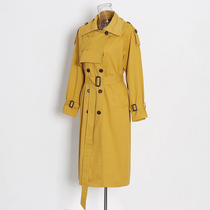 ECRURANI Yellow Casual Windbreaker For Women Lapel Long Sleeve Sashes Double Breasted Trench Females Fashion Clothing 2021 Style