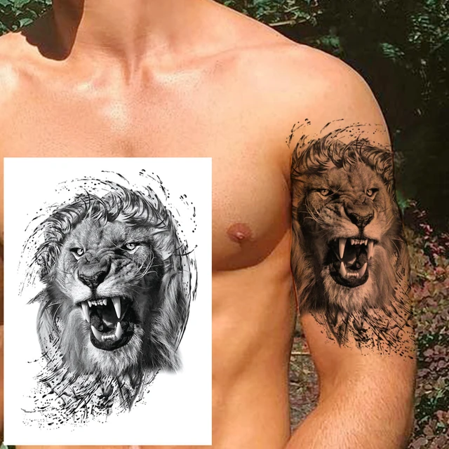 Tatouage temporaire pour hommes, femmes, enfants, garçons, Lion, faux monstre, autocollant, boussole, transfert d'eau noir, bras 3