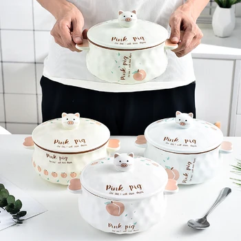 

MULTIPURPOSE CARTOON CERAMIC BOWL HOUSEHOLD INSTANT NOODLE BOWL WITH LID STUDENT EASY TO CLEAN NOODLE SOUP FRUIT BOWL TABLEWARE