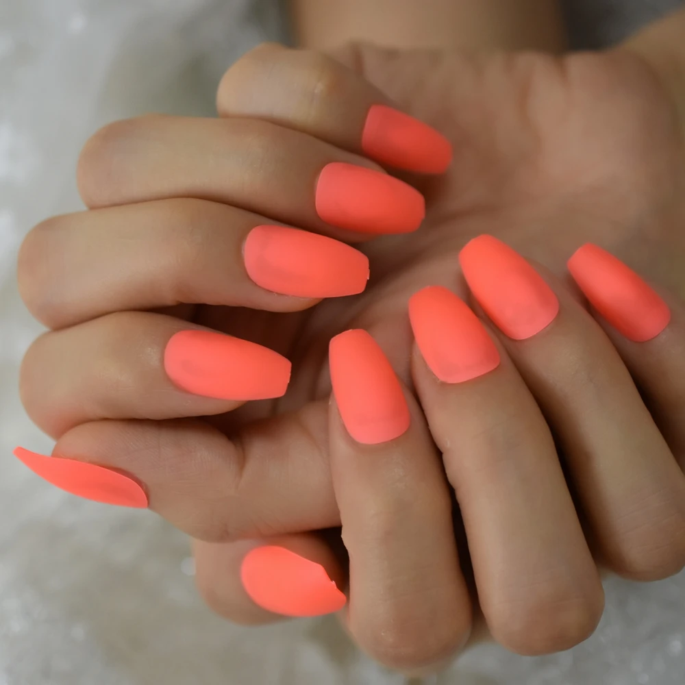 Uñas de neón naranja para manicura, uñas postizas de bailarina mate, Color  sólido, mediano, con pestañas adhesivas|Uñas postizas| - AliExpress