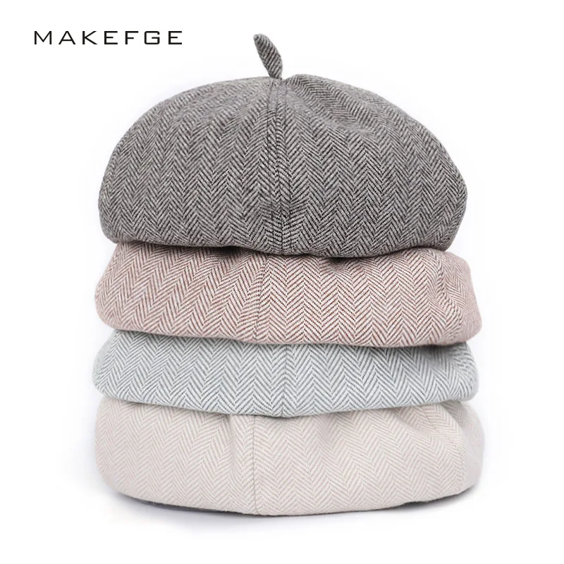 

2019 new ladies rope beret autumn and winter warm winter octagonal hat striped beret retro painter hat female newspaperboy hat