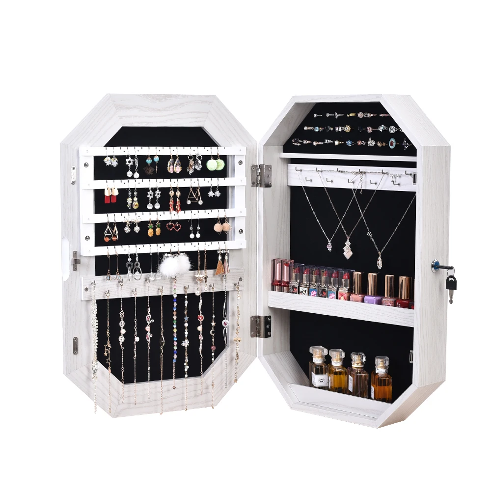 

Simple Solid Wood Pattern Covered Wall-Mounted Display Cabinet Full Mirror Octagonal Jewelry Mirror Cabinet