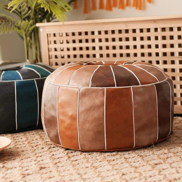 Puff De Cuero - Pouf Color Caramel Original Relleno Incluido