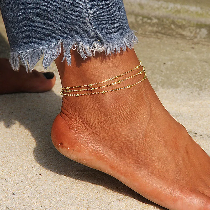 USTAR Beads Layered Stainless Steel Chain Anklets for Women Adjustable Foot Bracelet Anklet Summer Sandals Jewelry No fading USTAR Beads Layered Stainless Steel Chain Anklets for Women Adjustable Foot Bracelet Anklet Summer Sandals Jewelry No fading