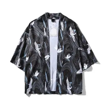 

Japanese Crane Printed Kimono Cardigan Jackets 2020 Mens Japan Style 3 /4 Sleeve Casual Streetwear Coats Fashion Outwear
