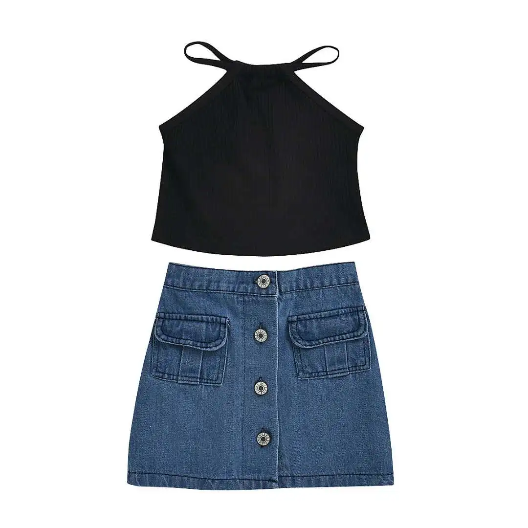 denim skirt with black top