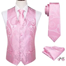 Mens Silk Vest Classic Party Wedding Pink Paisley Solid Floral Waistcoat Vest Pocket Square Tie Slim Suit Set Barry.Wang BM-2010