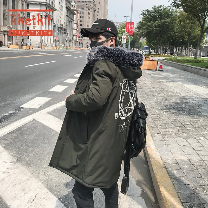 Liketkit Мужская Новая зимняя куртка пальто мужская повседневная Толстая Длинная ветровка с принтом Мужская винтажная верхняя одежда с шерстяным воротником