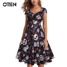 OTEN лето короткое приталенное платье элегантный Винтаж Красный бальное платье сахара черепа Принт с цветком вечер Одежда Хэллоуин；платье летнее хлопок；women dress 50s лет;женские платья ретро