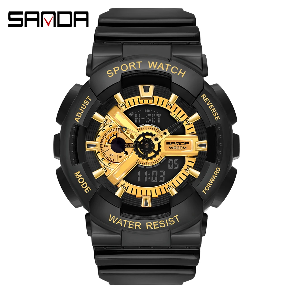 SANDA G стильные спортивные мужские часы, многофункциональные водонепроницаемые спортивные наручные часы для пары, кварцевые часы для мужчин, мужские часы - Цвет: Man black gold
