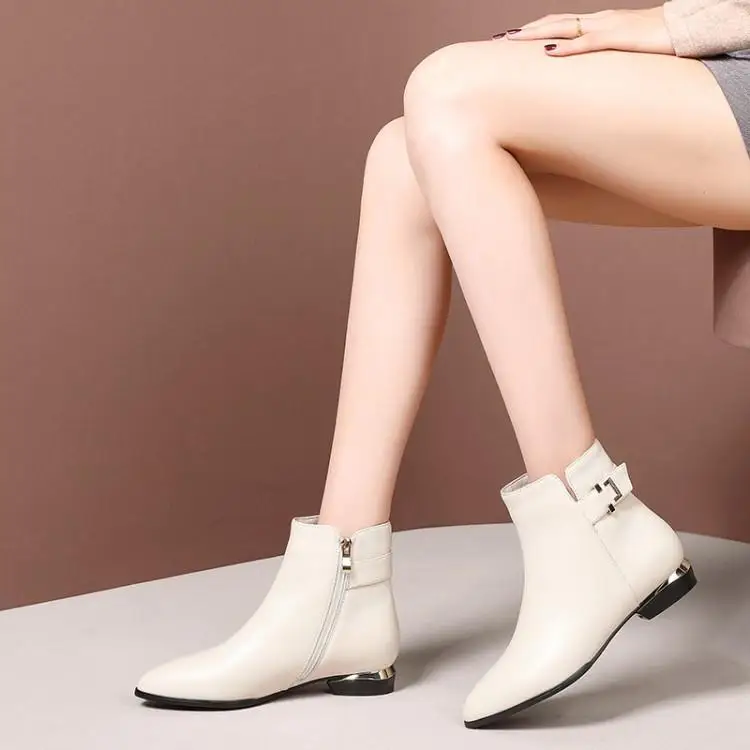 

Single boots in the spring and autumn low bare leather boots boots with thick with pointed Martin boots head layer cowhide 3 cm