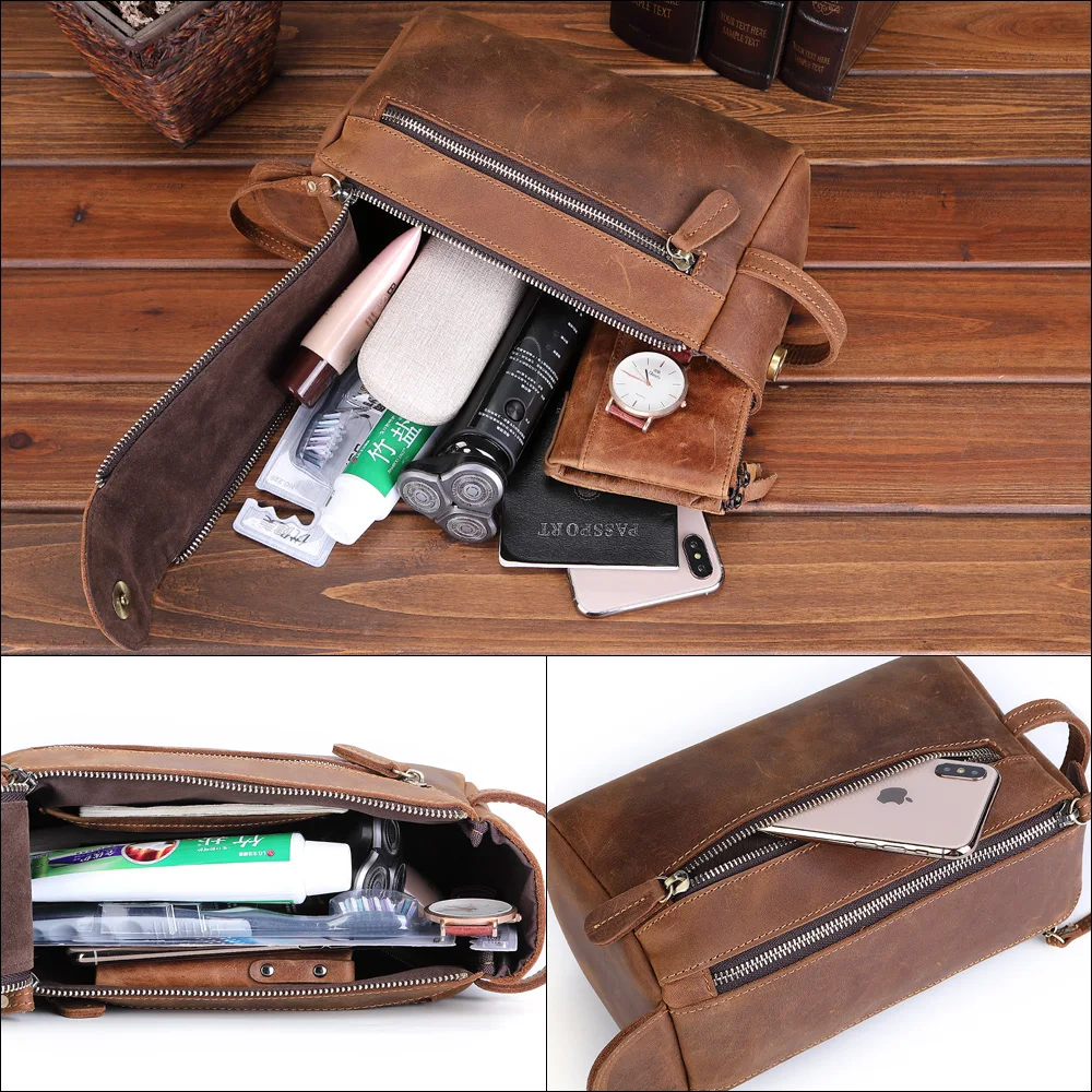 Flanker crazy horse leather men cosmetic bag casual wash bag travel makeup bag double zipper man toiletry case with phone pocket