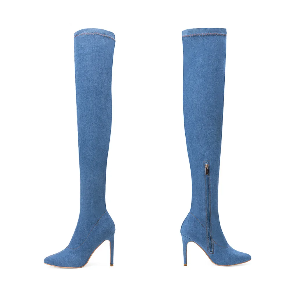 Размер 36-42, г. Новая обувь женские ботинки джинсовые ботфорты женские осенне-зимние ботфорты на молнии с острым носком