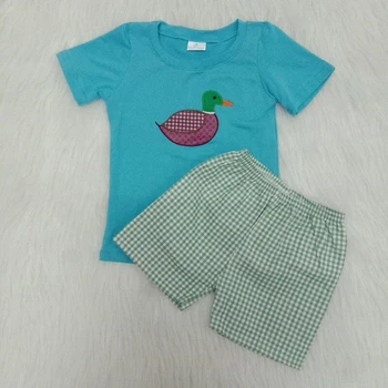 

New Fashion kid clothing boys Embroidery Duck T-shirt+ Plaid Shorts Suit 2 pcs summer outfit for boys kid boutique clothing set