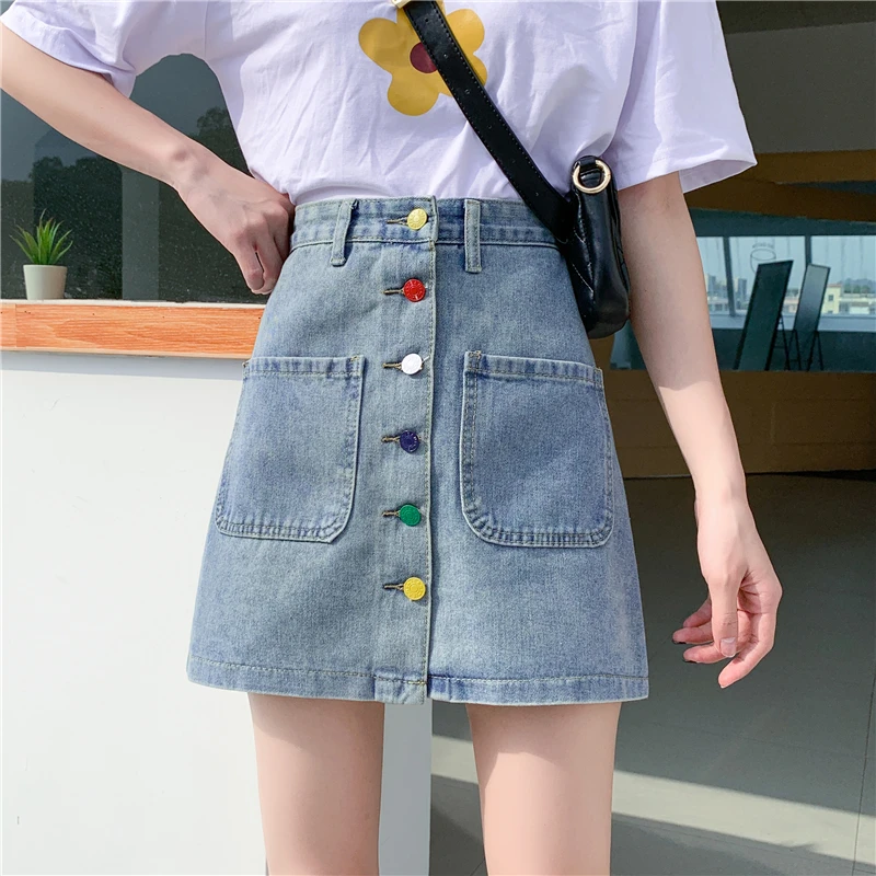midi skirt Denim Skirt High Waist A-line Mini Skirts Women 2022 Summer New Arrivals Colorful Buttons Pockets Blue Jean Skirt Plus Size pink skirt