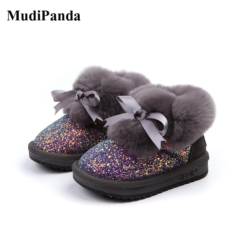 

MudiPanda Winter 2020 Children'S Shoes Chaussure Rabbit'S Hair Sequins Girls Non-Slip School Snow Boots Soft Comfortabl Aged 1-9