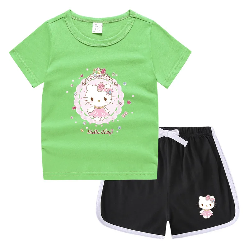 thumbnail image 1 of Hello Kitty-ropa para niños y niñas, Camiseta estampada bonita + Pantalones cortos, sudadera de cuello redondo de algodón puro, traje de camisa Base informal, 1 of 5