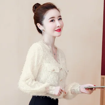 

COIGARSAM Lace blouse women Spring Lantern Sleeve V-Neck blusas womens tops and blouses White Black Apricot 1986